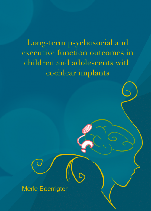 Turquoise omslag van het proefschrift van Merle Boerrigter met  getekend Cochleair Implantaat op een gestileerd vormgegeven meisjeshoofd